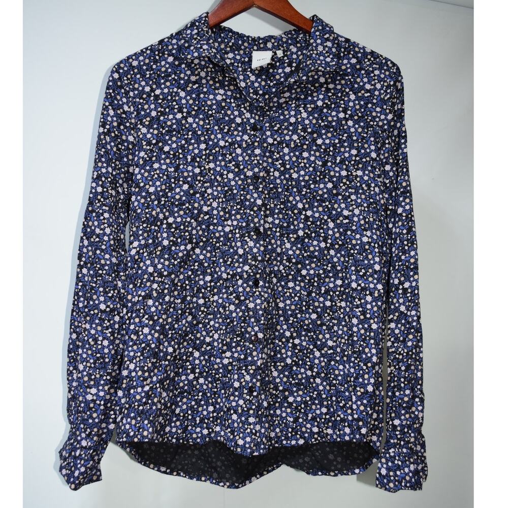 ICHI Women’s Size 34 XS Blue Ditsy Floral Button Front Viscose Blouse